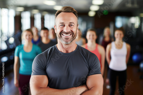 Surrounded by active individuals, a fitness coach man grins in the gym