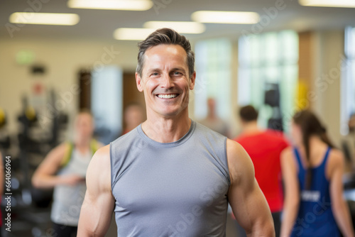 A male fitness trainer smiles amid the energetic vibe of a bustling gym