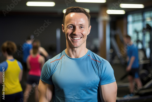 In the dynamic gym environment, a male fitness expert smiles, guiding gym-goers