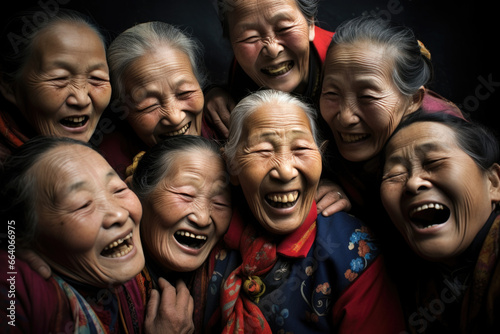 A group of elderly Asian women embracing and laughing together, showing the power of friendship and joy