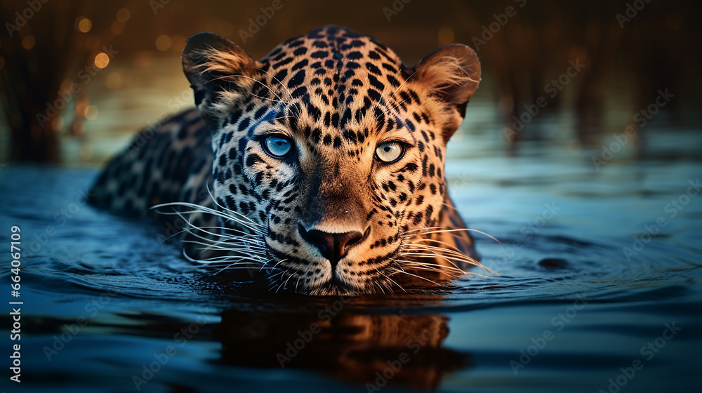 leopardo no lago  - obrazy, fototapety, plakaty 