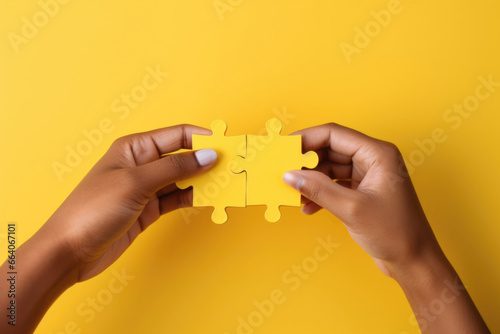 Two hands carefully fit a puzzle piece on a sunny yellow backdrop