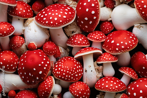 Bright red fly agaric mushrooms. mushroom background