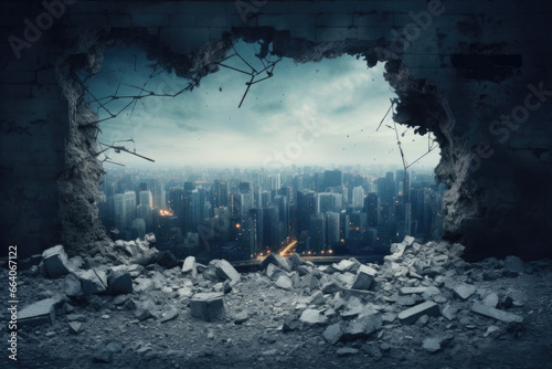 View of the city through a hole in the building. destruction comma bomb effects