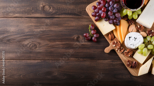 A tastefully arranged cheese platter with grapes, nuts, and wine, set on a rustic wooden board photo