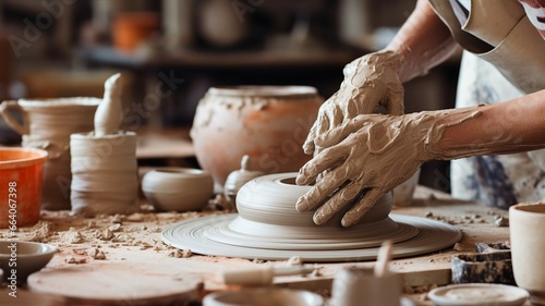 Banner captures an artisan workshop scene, hands molding clay on a pottery wheel, surrounded by ceramic creations photo