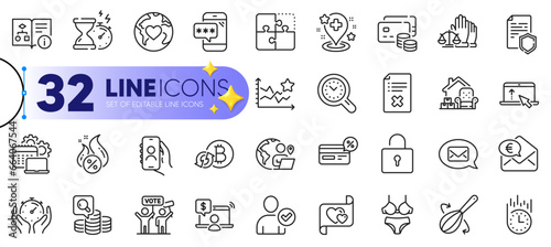 Outline set of Reject file, Technical algorithm and Donation line icons for web with User call, Fast delivery, Lock thin icon. Lingerie, Inspect, Timer pictogram icon. Cooking whisk. Vector