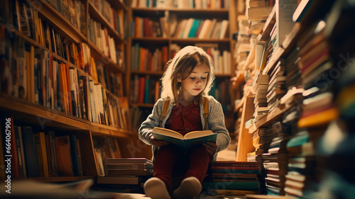 Child in a library, surrounded by books, a universe of stories waiting to be explored photo