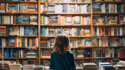 Child in a library, surrounded by books, a universe of stories waiting to be explored