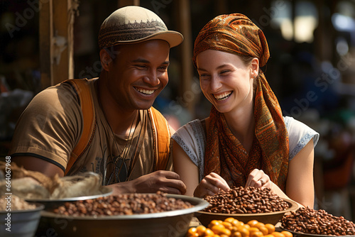 A man and a woman sitting next to a table full of spices in traditional market.