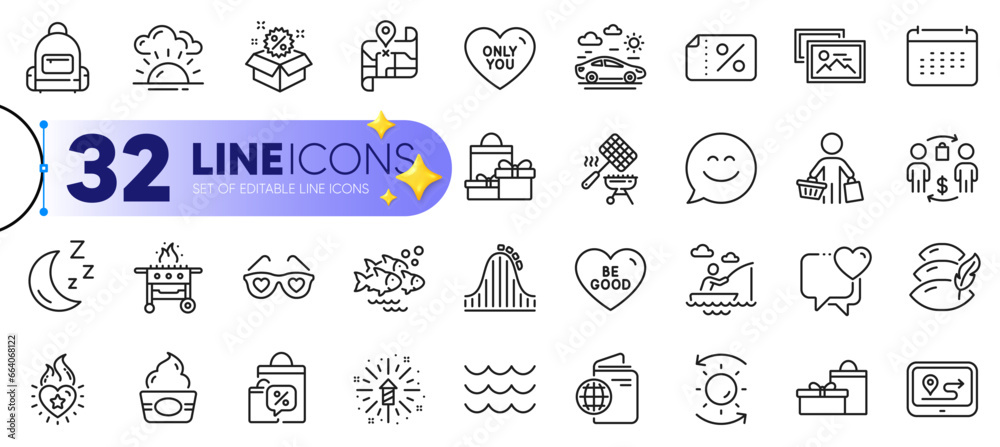 Φωτογραφία Outline set of Car travel, Smile chat and Gps line icons for web with Waves, Heart, Fish school thin icon