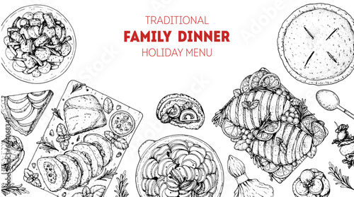 Family dinner. Holiday menu. Food design template. Engraved style background. Food and drink set. Hand drawn sketch, design template.