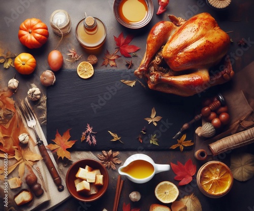 Thanksgiving Roasted Turkey background of homemade food generative AI art