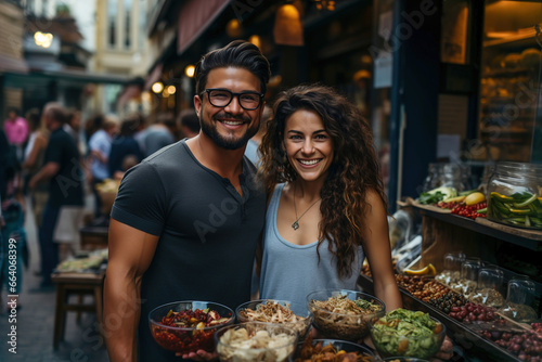 A man and a woman sitting at a table full of street food on traditional exotic market.