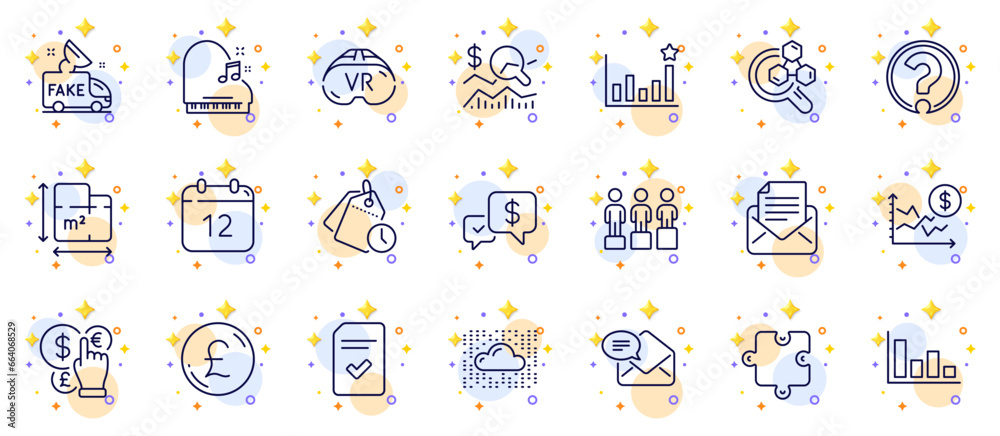 Outline set of Chemistry lab, Mail correspondence and Annual calendar line icons for web app. Include Checked file, Floor plan, Question mark pictogram icons. Time management, Histogram. Vector Outline set of Chemistry lab, Mail correspondence and Annual calendar line icons for web app. Include Checked file, Floor plan, Question mark pictogram icons. Time management, Histogram. Vector