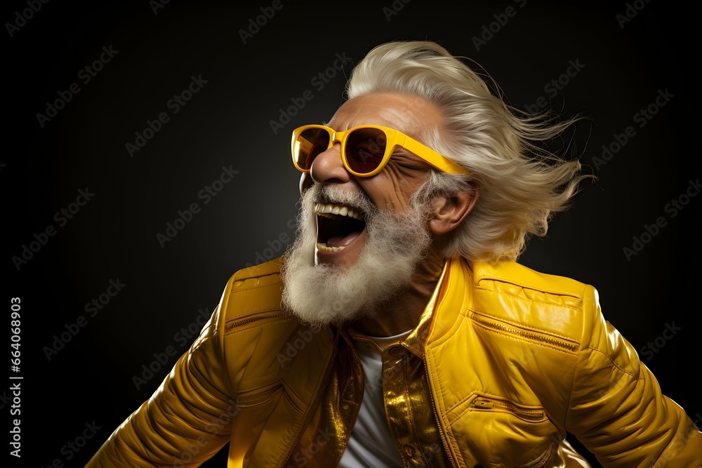 Happy bearded man in colorful yellow outfit
