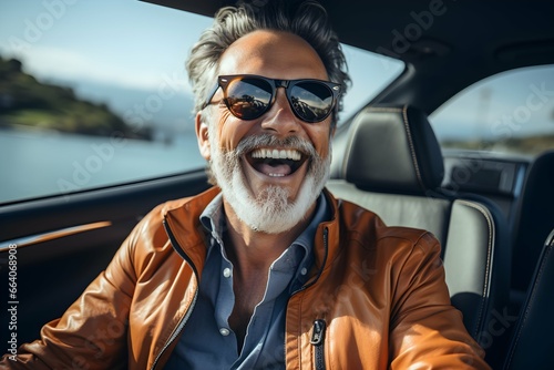 Happy bearded man enjoying summer