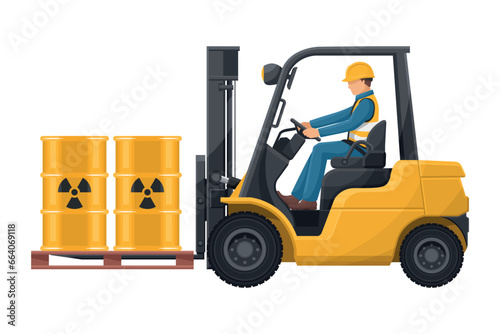 Safely drive a forklift. Fork lift truck transporting a pallet with a barrel of radioactive materials. Safety when driving forklifts. safety first. Industrial Safety and Occupational Health