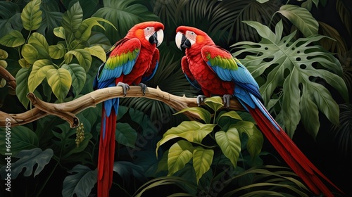  two colorful parrots sitting on a branch in a jungle. generative ai