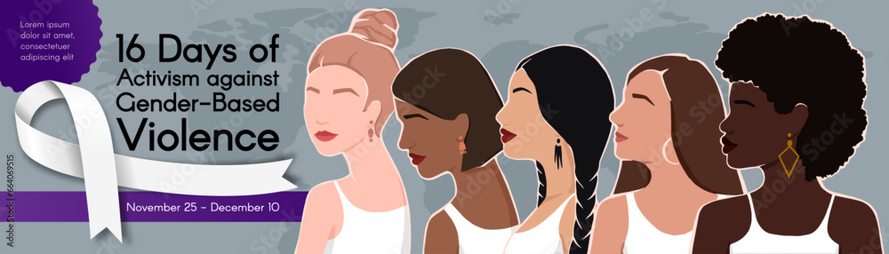 Εκτύπωση καμβά Long horizontal Banner for 16 Days of Activism against Gender-Based Violence with Women of different ethnic groups together and white ribbon