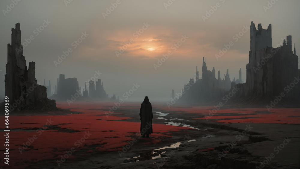 Ruined city apocalyptic desert surreal dark landscape