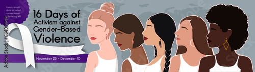 Long horizontal Banner for 16 Days of Activism against Gender-Based Violence with Women of different ethnic groups together and white ribbon. Vector colorful illustration