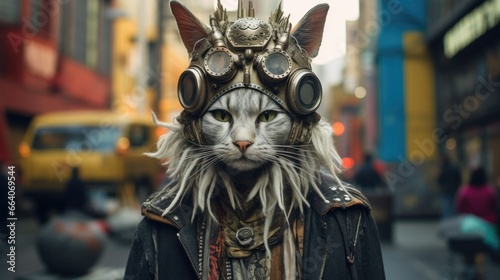 A cat wearing a steam punk outfit and goggles. Generative AI. © Natalia
