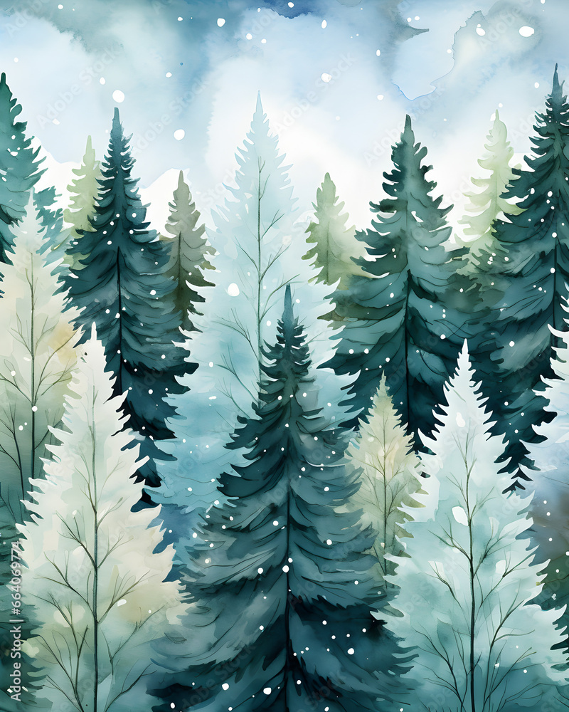 Snowy Christmas Trees, A Delicate Watercolor Pattern