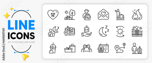 Moon, Luggage belt and Gps line icons set for app include Ice cream milkshake, Give present, Gifts outline thin icon. Baggage, Hot sale, Delivery discount pictogram icon. Bicycle. Vector