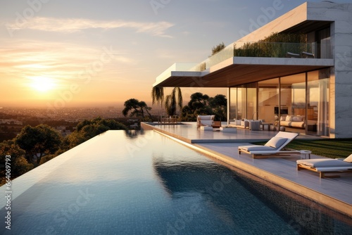 A modern house with a swimming pool and a deck at sunset. © Sebastian Studio