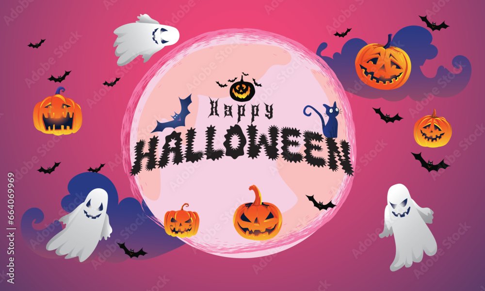 Halloween pumpkin patch in the moonlight. Happy Halloween Purple banner trick or treat with a full moon, bats, pumpkin Party invitation background with text. Vector Halloween pumpkin patch in the moonlight. Happy Halloween Purple banner trick or treat with a full moon, bats, pumpkin Party invitation background with text. Vector