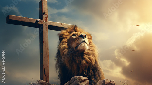 Fotografia leão da tribo de judá com cruz de cristo em por do sol