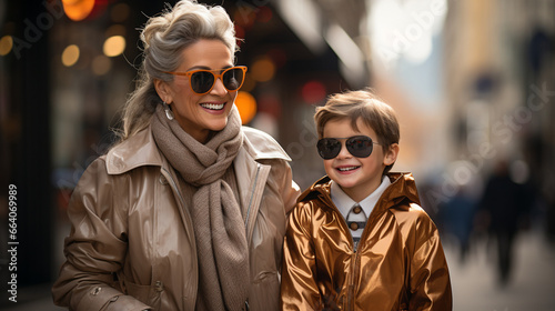 A fashionable grandmother and her little grandson enjoying a city stroll