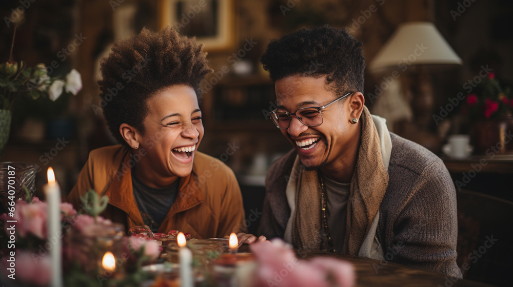 Grandmother and grandson laughing together during a family gathering Grandmother and grandson laughing together during a family gathering