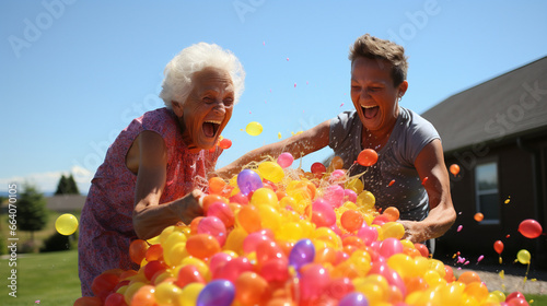 A playful water balloon fight between a chic grandma and her grandson photo