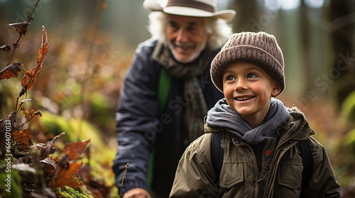 Grandmother and grandson exploring a scenic forest trail together