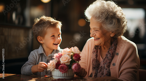 A stylish grandma and her grandson sharing a homemade ice cream cone