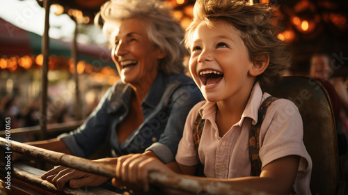 Grandmother and grandson enjoying a day at the amusement park