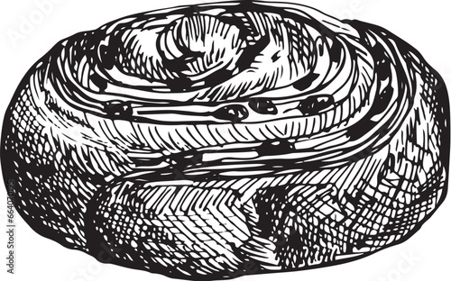 Vector graphic illustration of chelsea bun . Black and white sketch on a white background. Suitable for logo, bakery design, wrapping paper
