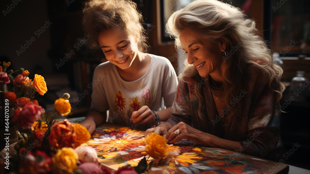 Grandmother and granddaughter bonding over a painting session in a cozy studio