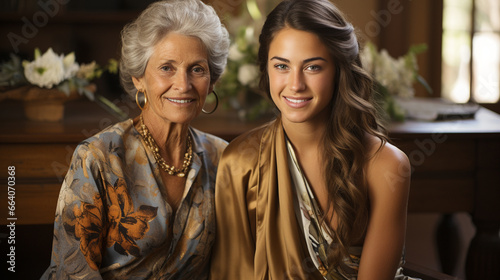 Grandmother and granddaughter dressed up for a family wedding, radiating elegance