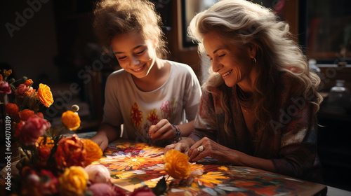 Grandmother and granddaughter bonding over a painting session in a cozy studio