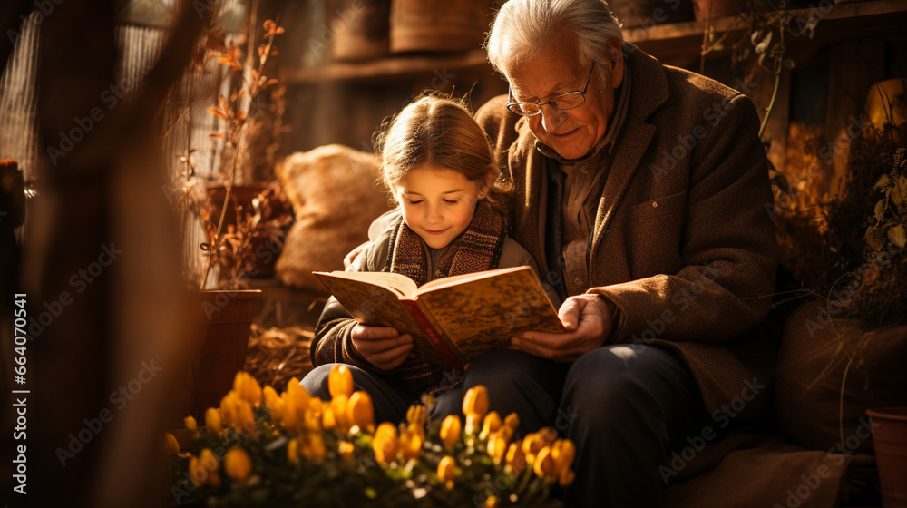 Grandmother and granddaughter reading a captivating book together in a cozy library