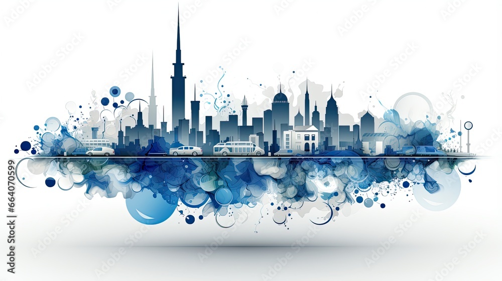 AI-generated illustration of a breezy, bubbly minimalist modern cityscape in blue. MidJourney.