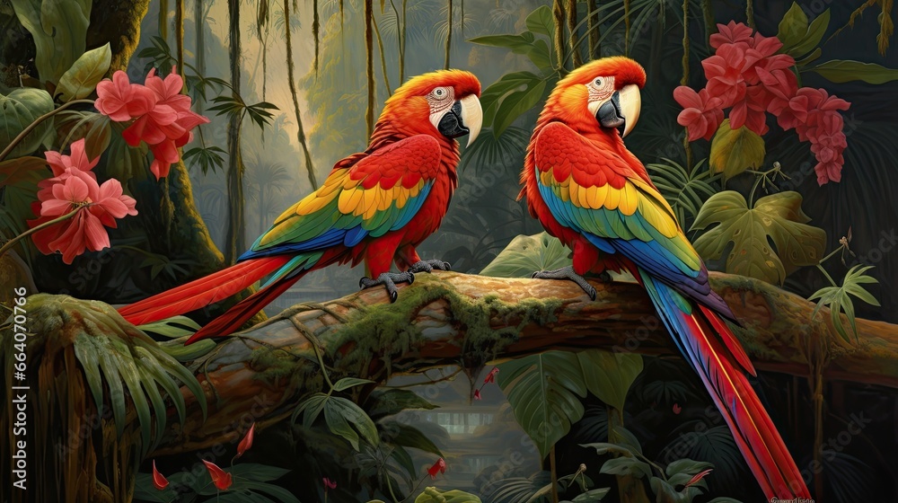  two colorful birds perched on a branch in a forest with flowers.  generative ai
