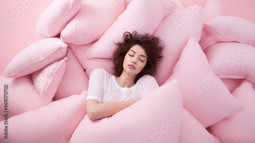 Young woman sleep surrounded by a pile of pillows on a pink pastel background. Creative concept for mattress and pillow store, orthopedic sleep products. photo