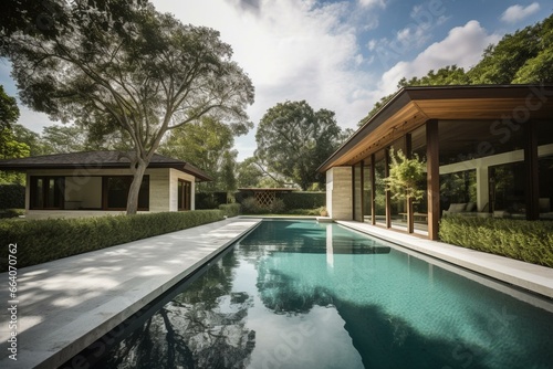 Contemporary home features beautiful garden pool. Generative AI © Juno