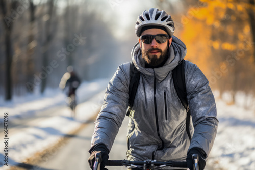 Cyclist demonstrating winter bike commute with efficient thermal gear on  © fotogurmespb