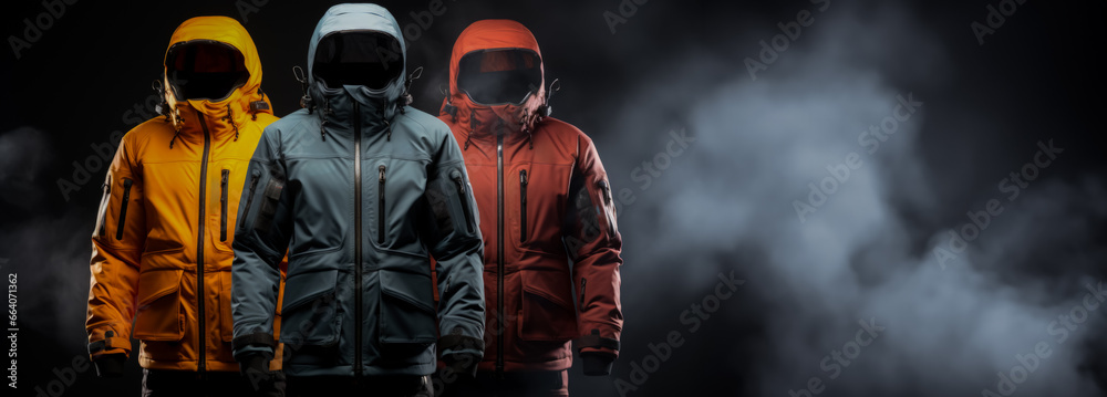 Durable thermal clothing for winter watersports isolated on a gradient background  - obrazy, fototapety, plakaty 