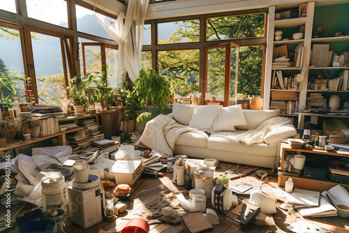 Messy living room filled with clutter.